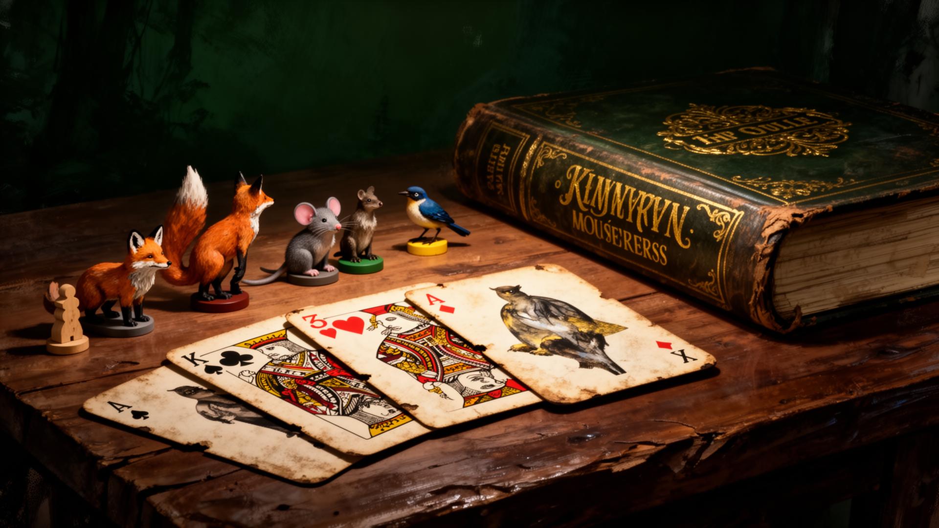 A weathered tabletop scattered with playing cards and a fan in hand